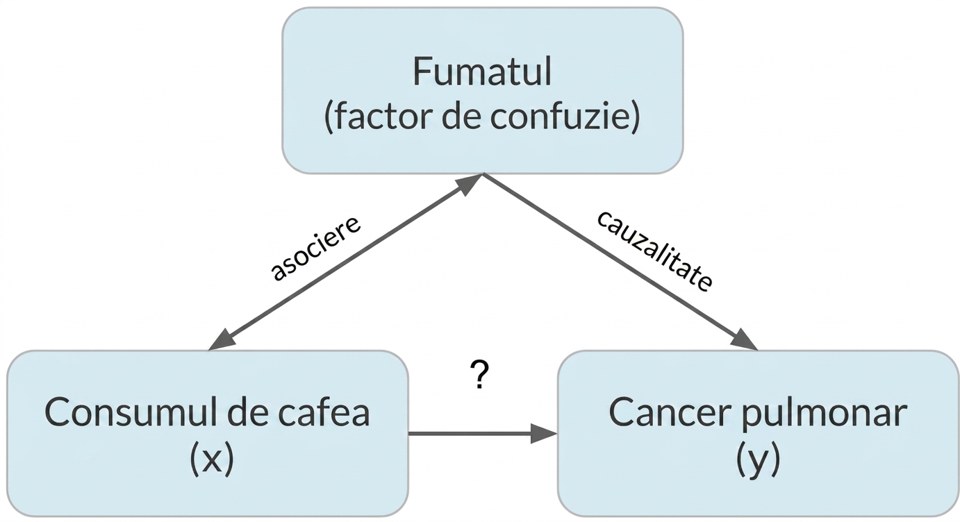 Consumul de cafea (x) indicând spre cancer pulmonar (y), cu fumatul (factor de confuzie). Săgeată dublă între fumat și consumul de cafea, etichetată „asociere". Săgeată de la fumat la cancer pulmonar, etichetată „cauzalitate"