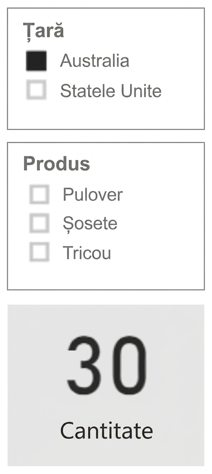 Vizualizare raport cu un slicer Țară, un slicer Produs și un card cu cantitatea. Slicerul Produs afișează toate produsele posibile.
