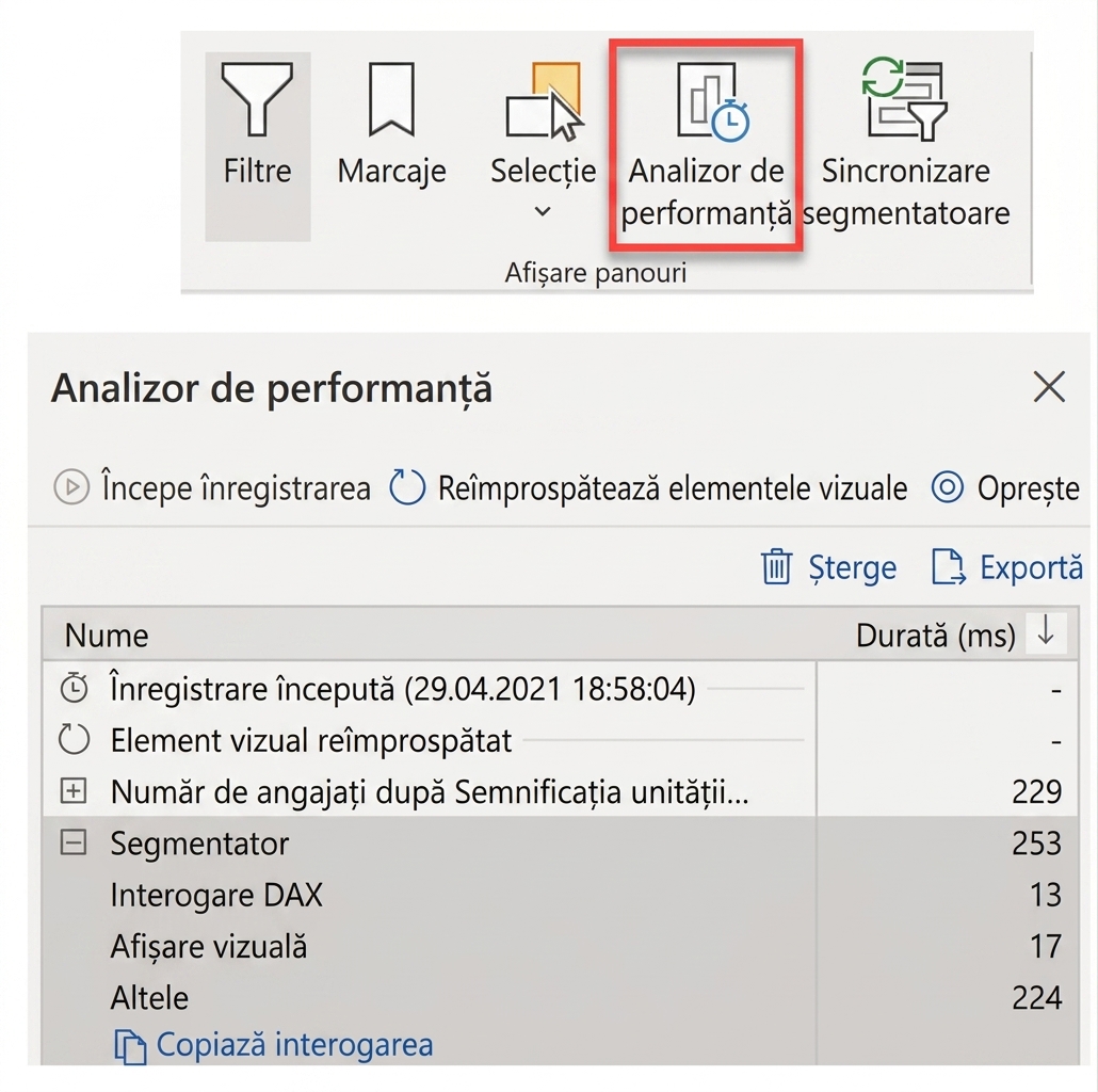 Capturi de ecran ale Analizorului de performanță din Power BI