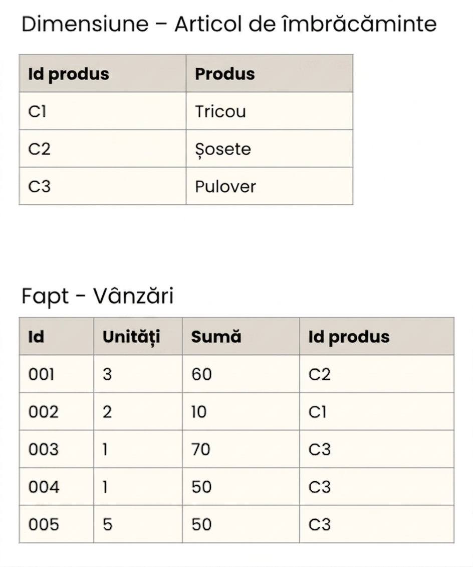 Vizualizare detaliată a tabelelor de fapte și dimensiunea Articol vestimentar.