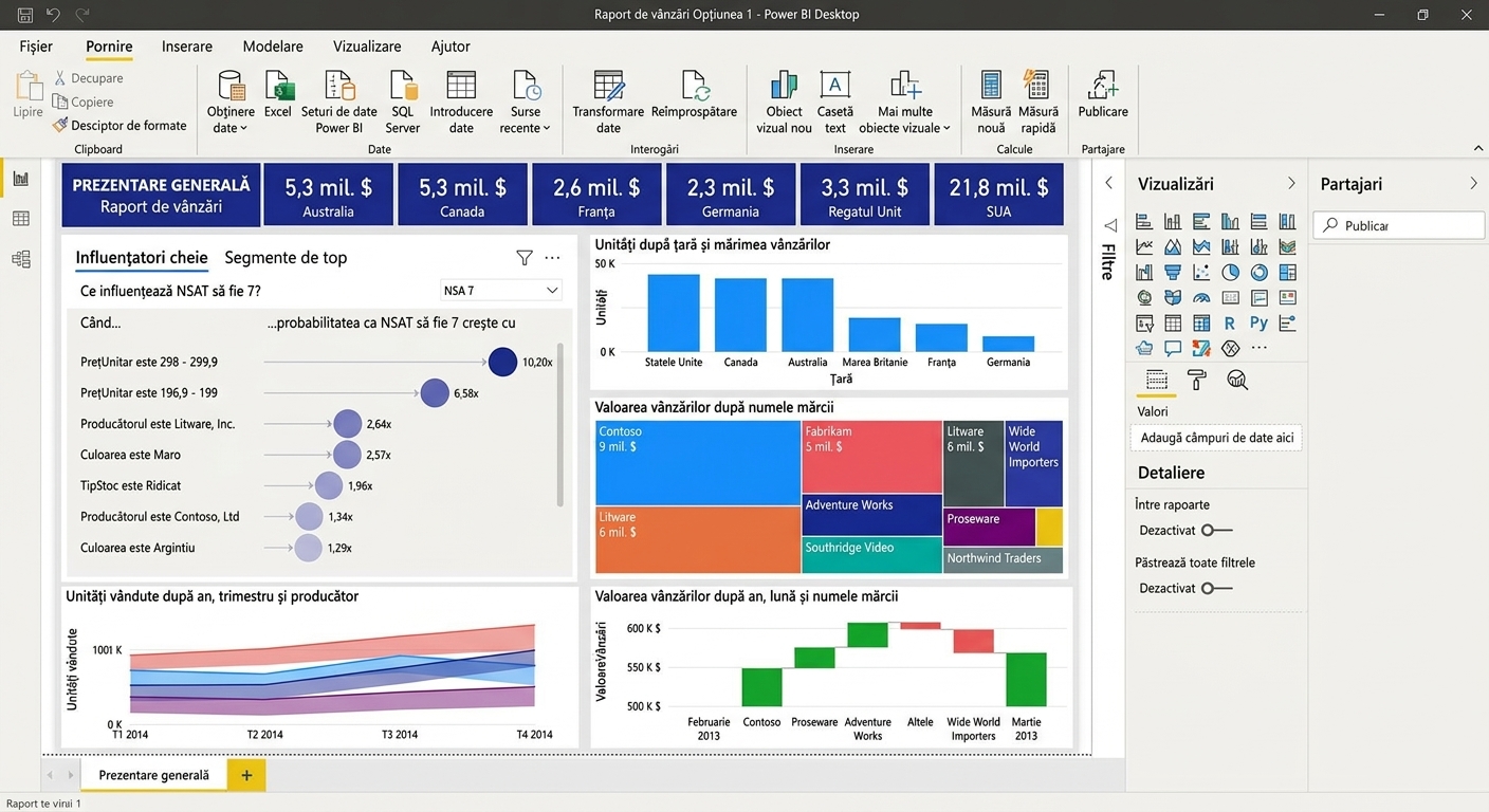 Ecran de computer cu un raport în aplicația Power BI.