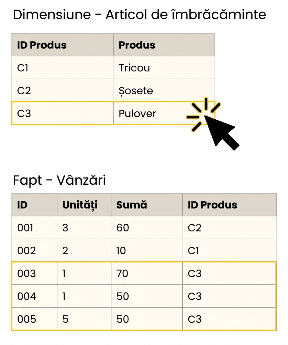 Vizualizare detaliată a tabelelor de fapte și dimensiunea Articol vestimentar.