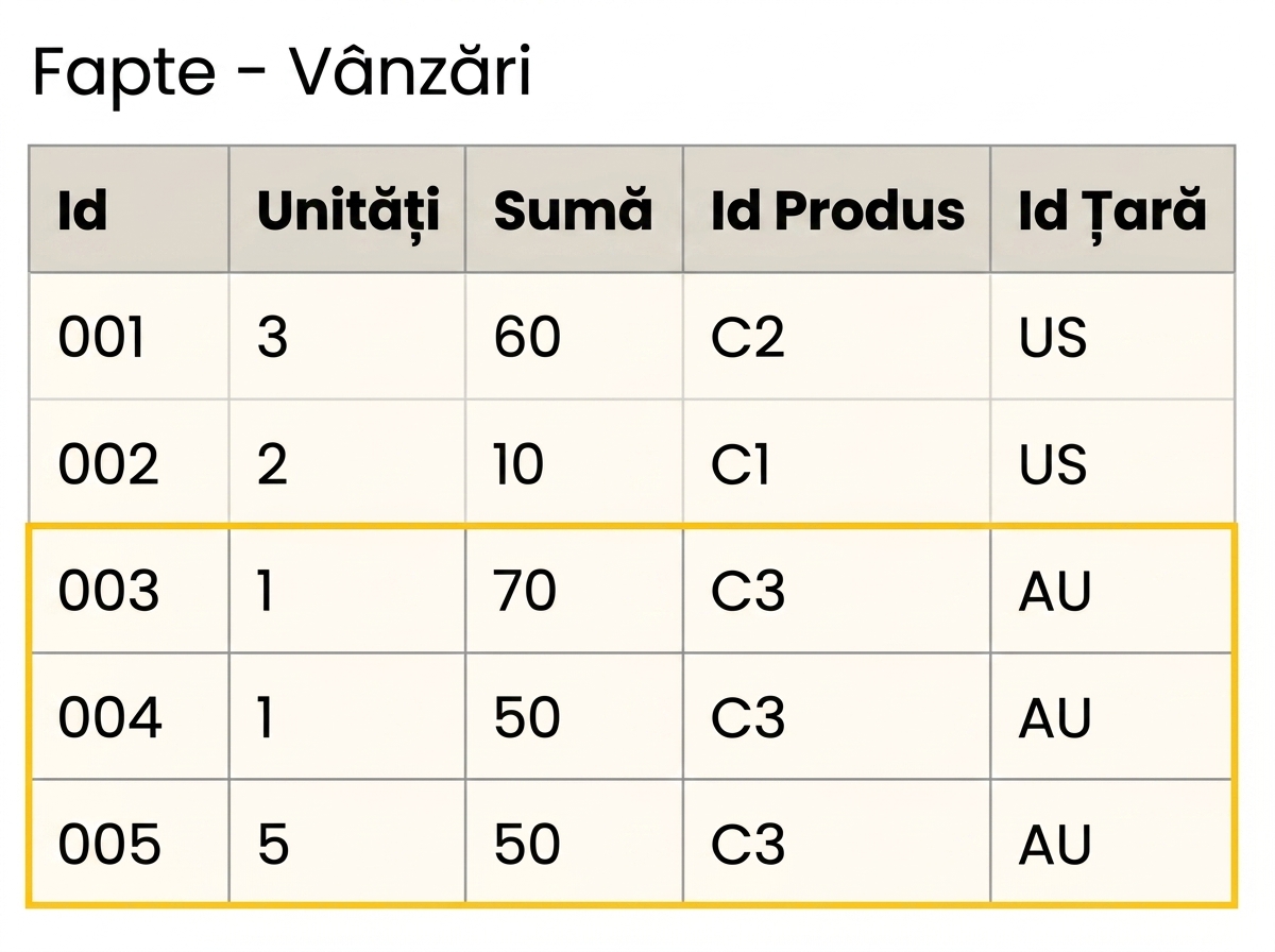 Vizualizare detaliată a tabelului de fapte privind vânzările.