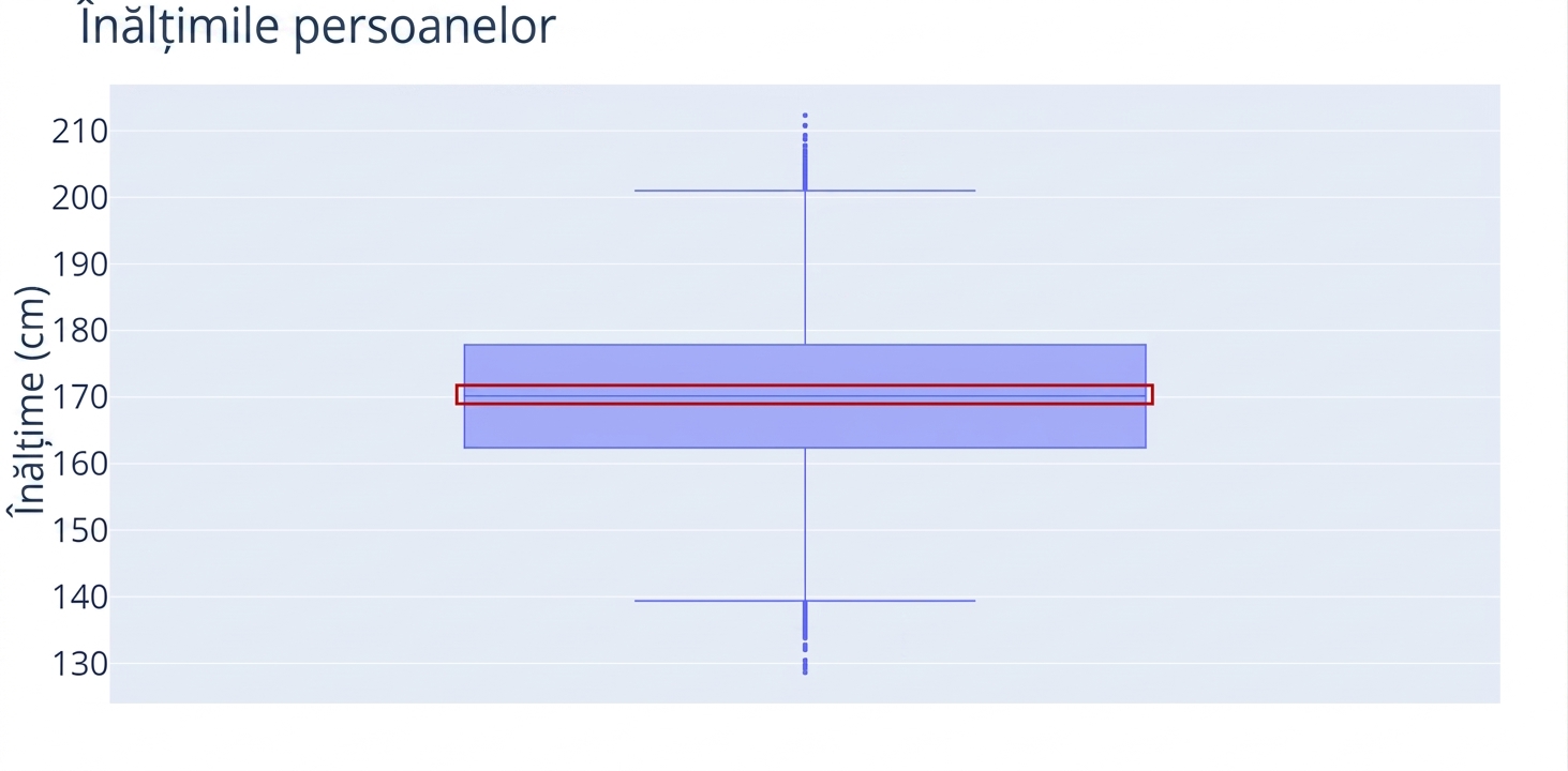 Un boxplot al înălțimilor persoanelor. Înălțimile, în centimetri, sunt pe axa y. Un contur roșu este în jurul liniei din centrul boxplot-ului, adică mediană.
