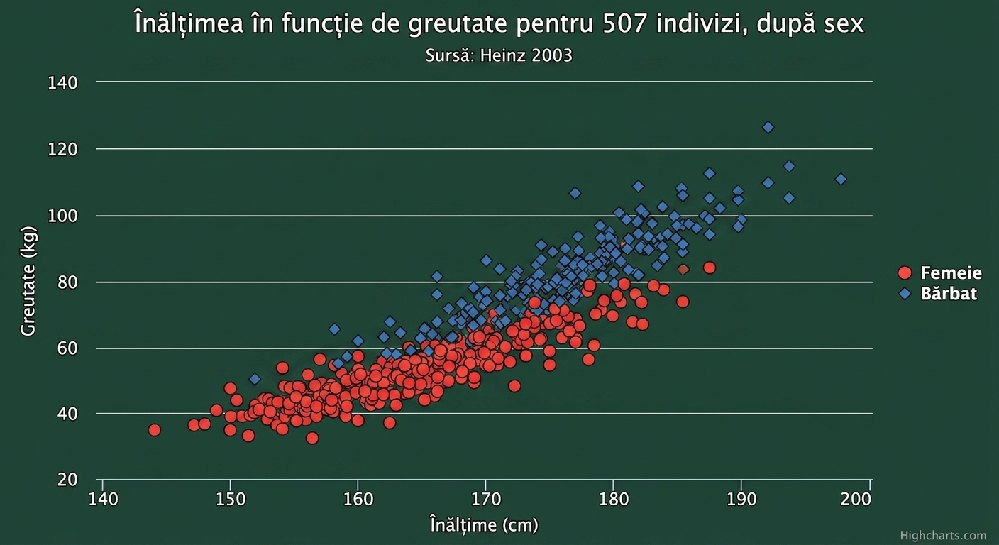A scatter plot of height versus weight colored by gender (i.e. male and female). Data points with lower values of height and weight are mainly colored red, i.e. females. Higher values of height and weight are colored blue, i.e. males.