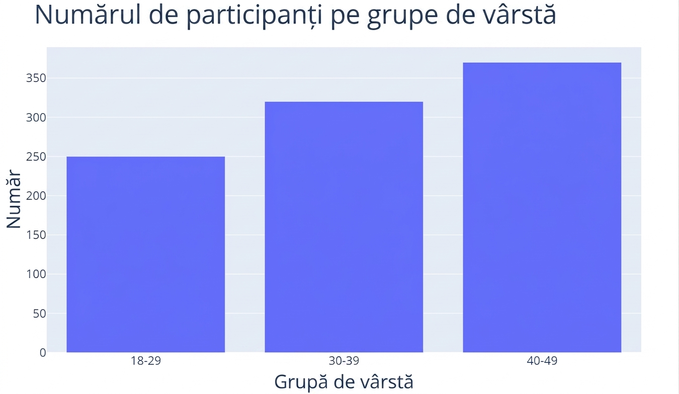 Un grafic de bare cu numărul de participanți, axa y, pentru trei grupe de vârstă, axa x. Grupele de vârstă sunt „18-29", „30-39" și „40-49", care are cel mai mare număr de participanți din datele eșantionului.