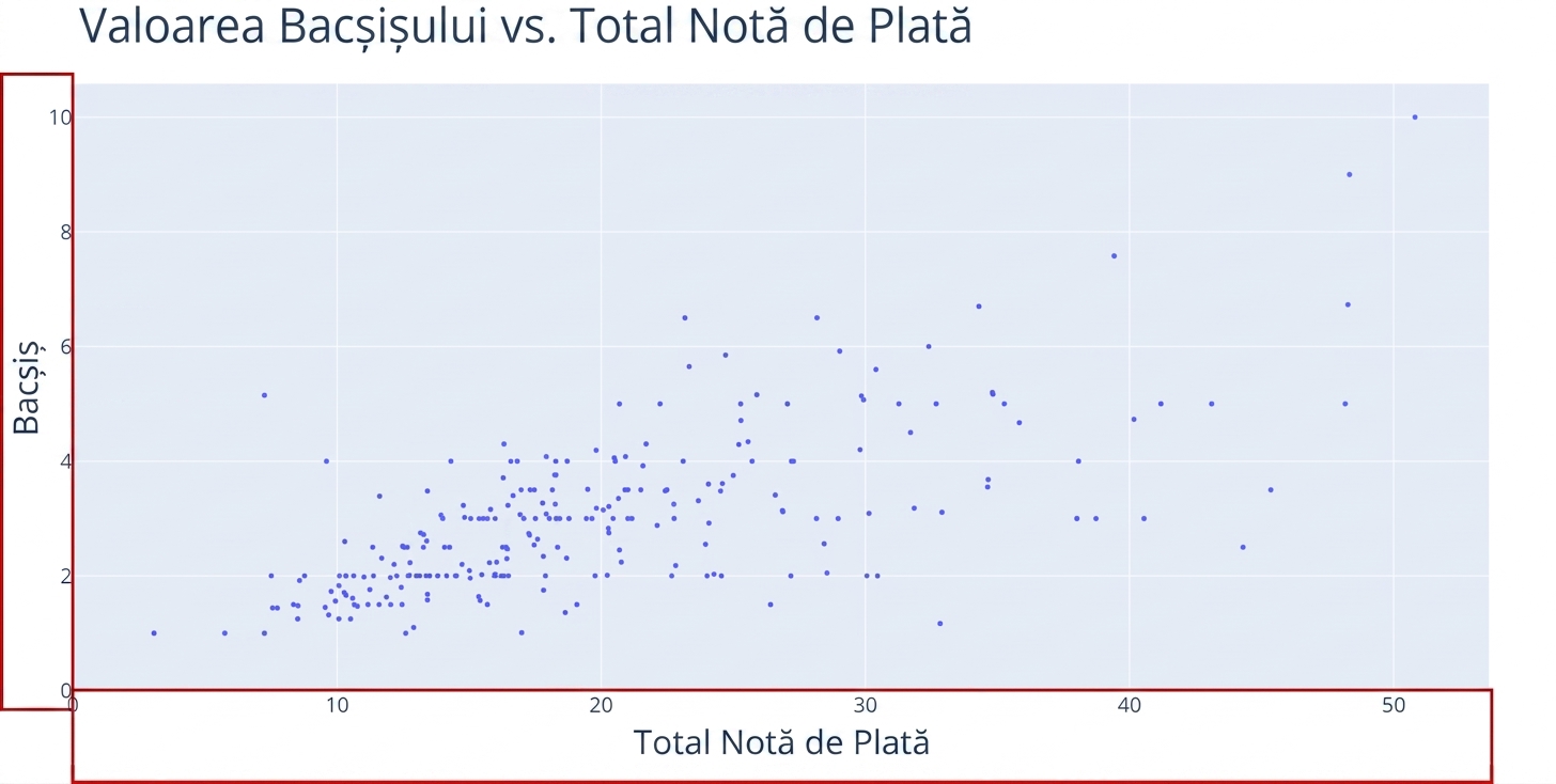 Un grafic de dispersie cu „Total Bill" pe axa x și „Tip" pe axa y. Două dreptunghiuri roșii evidențiază axele x și y.