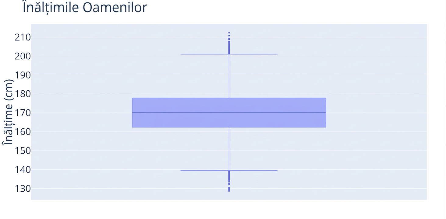 Un boxplot al înălțimilor persoanelor. Înălțimile, în centimetri, sunt pe axa y.