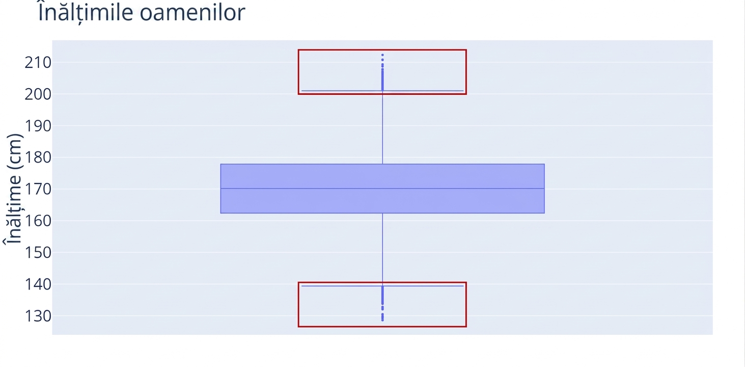 Un boxplot al înălțimilor persoanelor. Înălțimile, în centimetri, sunt pe axa y. Un contur roșu este în jurul valorilor aberante, sau punctelor, din boxplot.