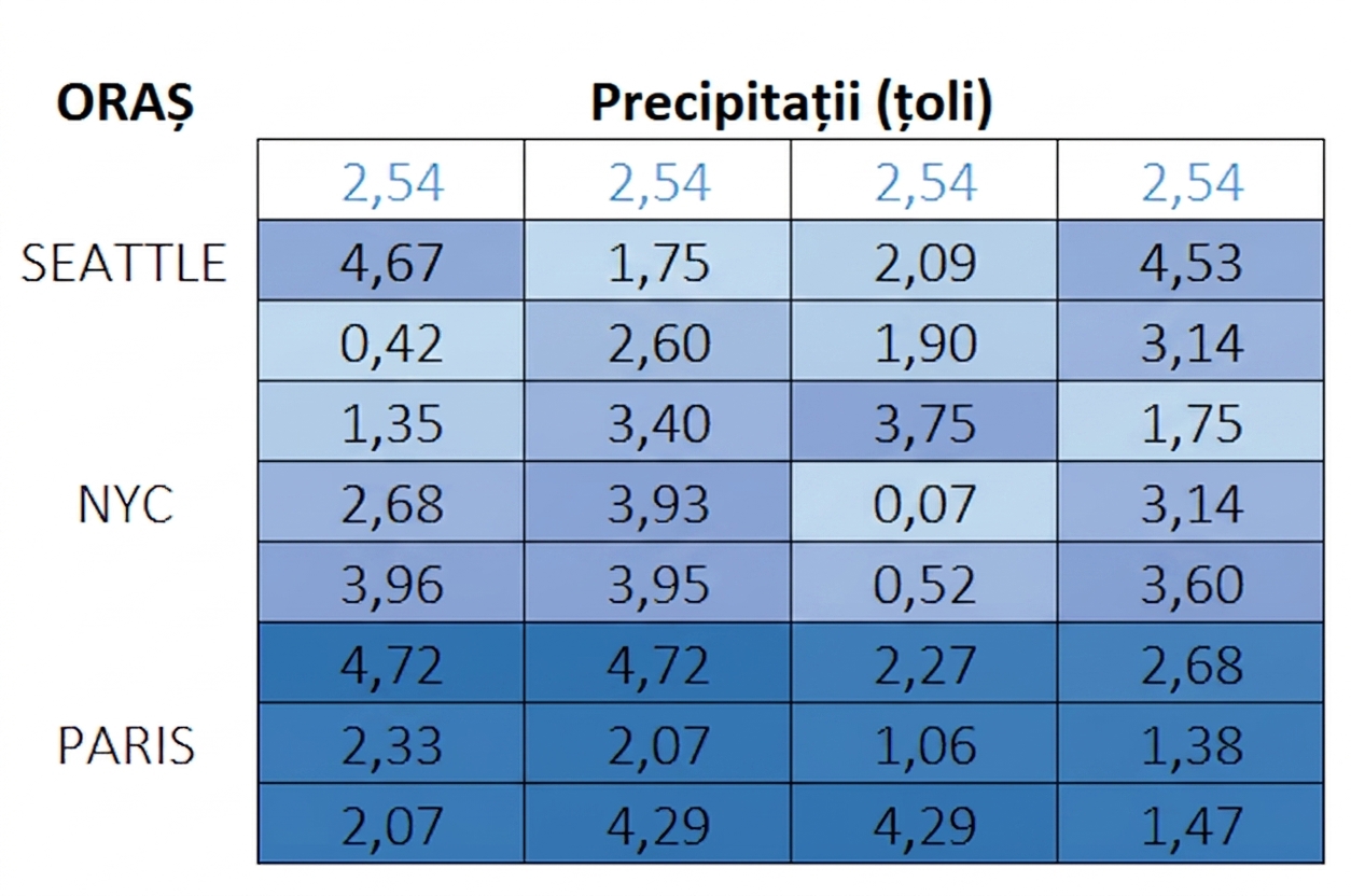 Aceeași matrice de nouă pe patru, dar cu primul rând completat, reprezentând imputarea celulelor goale cu valoarea mediană.