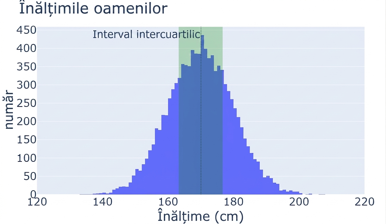 O histogramă a înălțimilor persoanelor cu valorile înălțimilor pe axa x și numărul de observații pe axa y. Există o zonă colorată în verde de la percentila 25 la percentila 75, reprezentând intervalul intercuartilic.