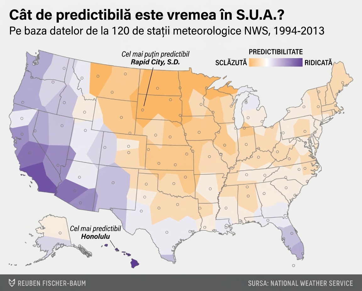 Hartă meteorologică cu culori indicând predictibilitatea regiunilor.