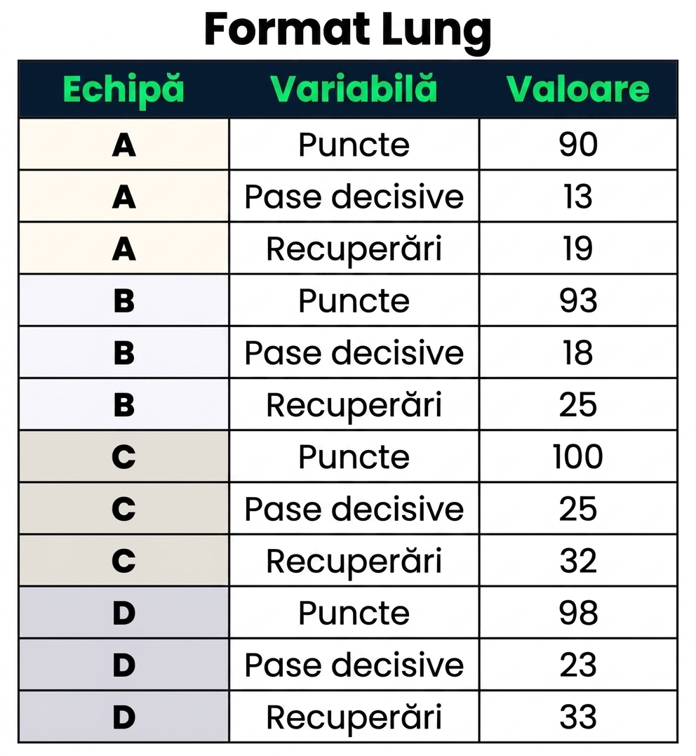 Un set de date lung cu două coloane categorice: Team și Variable, și o coloană numerică: Value.