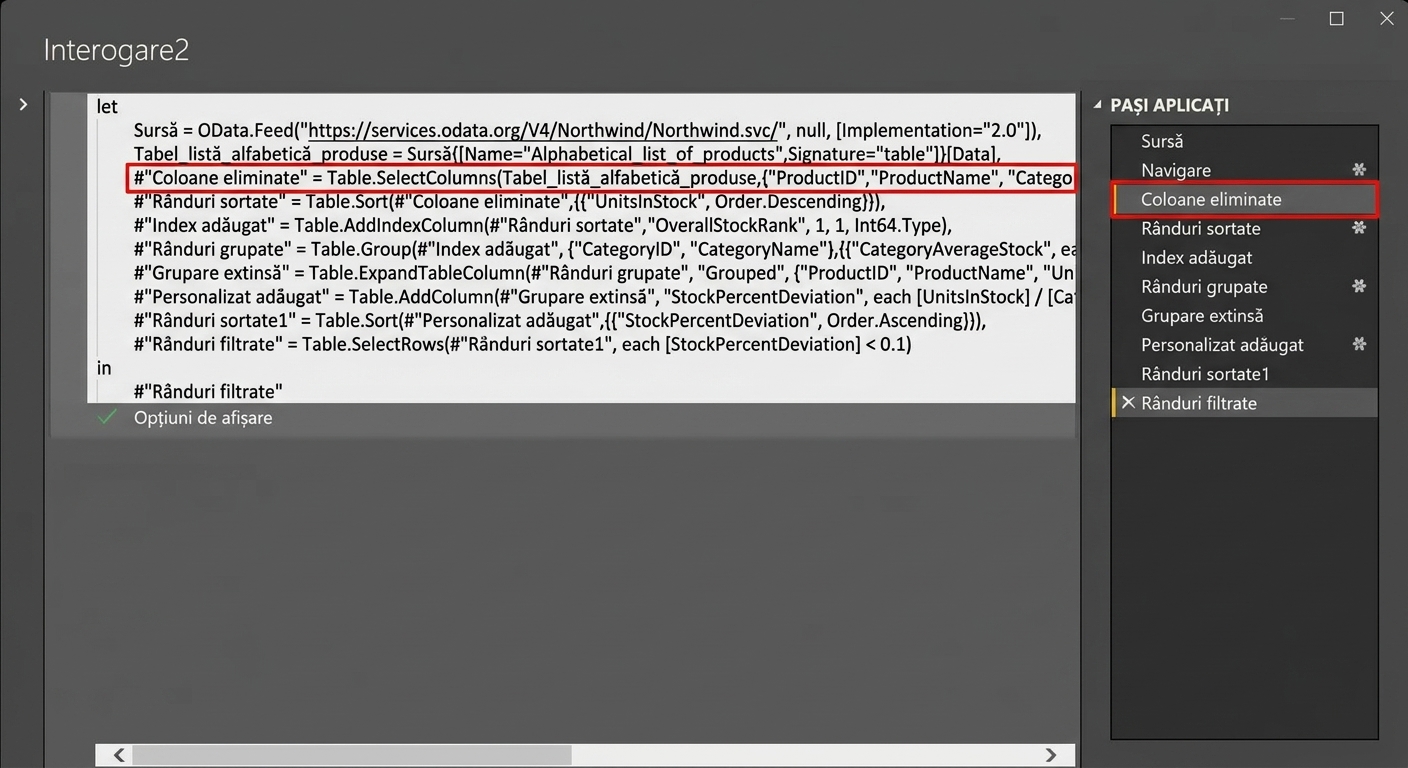 Captură de ecran a editorului avansat alături de panoul de pași aplicați din Power Query. Pașii din editorul avansat sunt direct legați de pașii aplicați