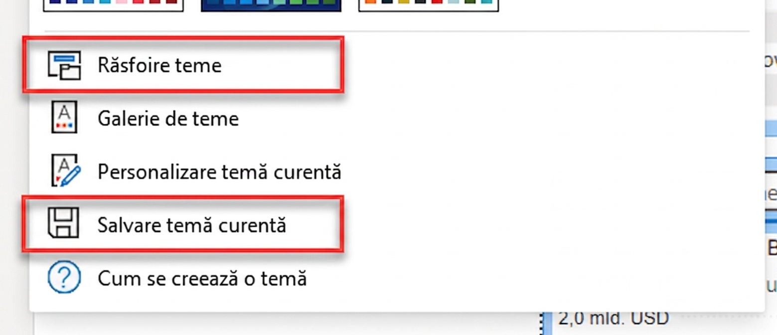 Opțiuni de import și export pentru teme personalizate.
