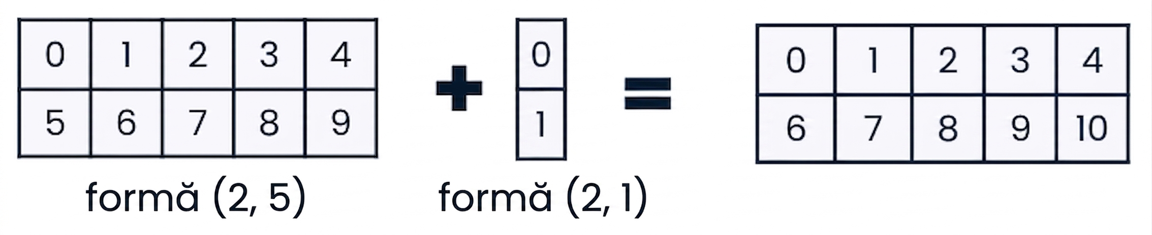 Grafic care arată un array de forma (2, 5) și unul de forma (2, 1) adăugate împreună