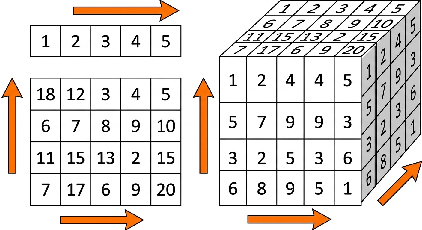 reprezentări grafice ale array-urilor 1D, 2D și 3D