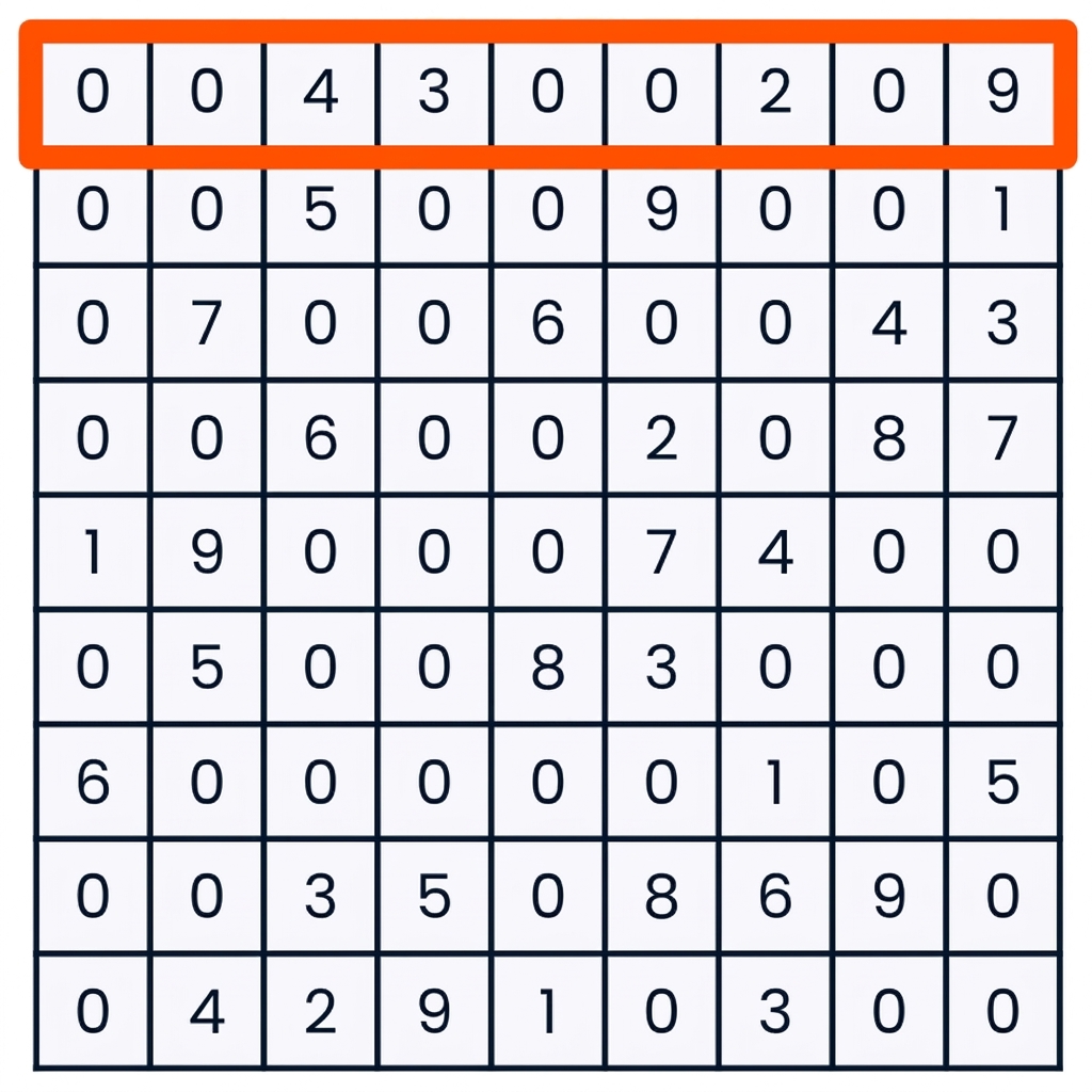 Un joc de sudoku cu primul rând selectat
