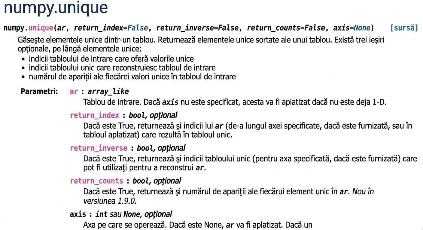 Captură de ecran a documentației numpy.org pentru np.unique()