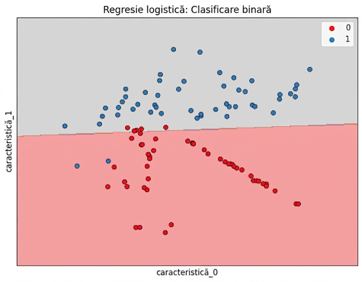 scatter plot al caracteristicii 1 față de caracteristica 2, cu o frontieră de decizie liniară pentru predicția churn-ului de la stânga la dreapta