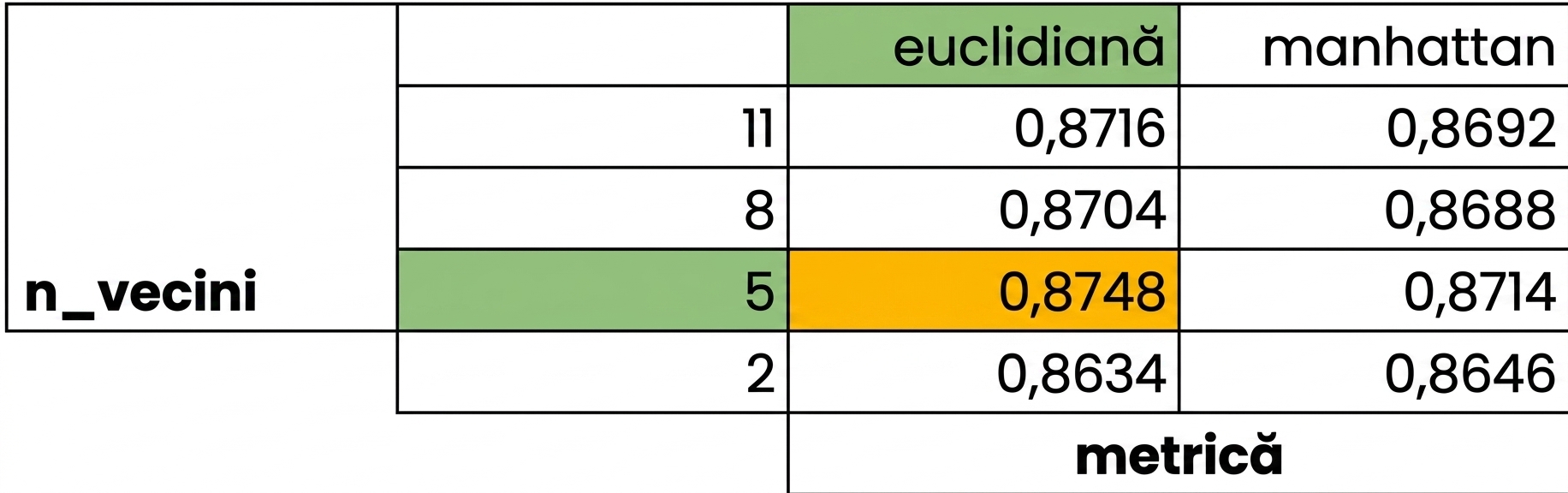 5 vecini și metrica euclidiană evidențiate, cu scorul 0.8748