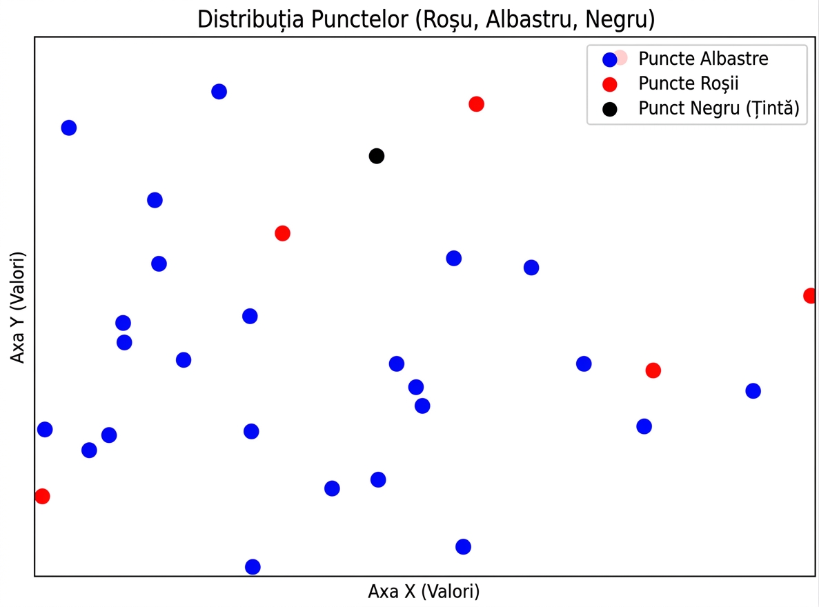 grafic de dispersie cu observații în albastru și roșu și o observație nouă în negru
