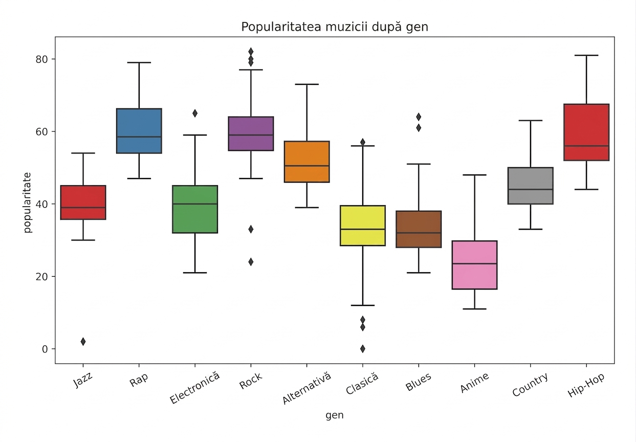 Grafic box plot cu popularitatea pentru fiecare gen muzical