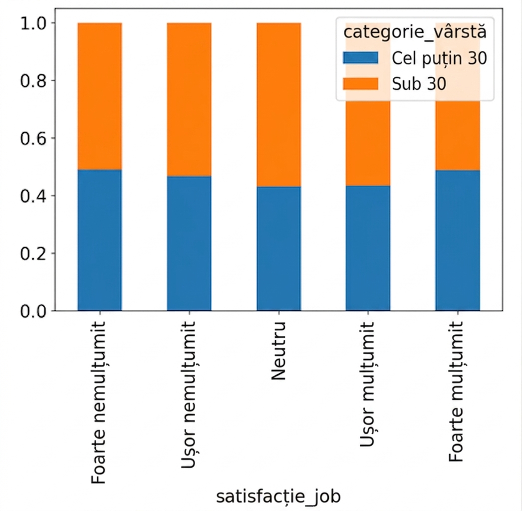 Diagramă cu bare stivuite proporționale a satisfacției profesionale, colorată după categoria de vârstă