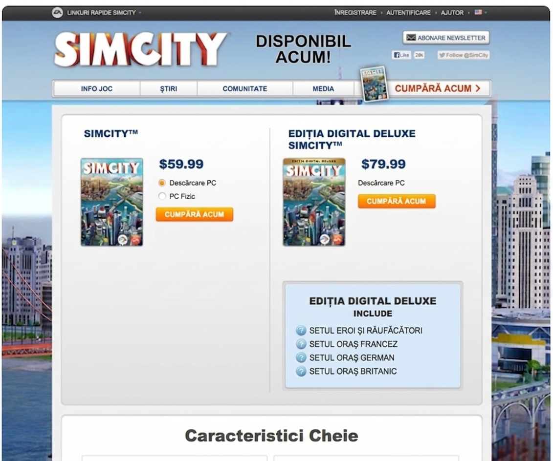 Pagina web SimCity fără banner