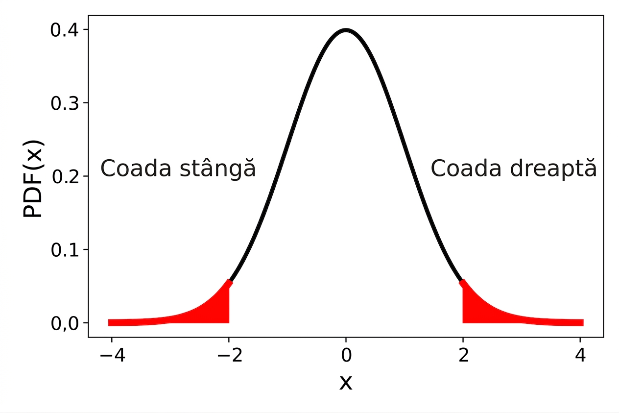 Grafic de densitate al distribuției normale standard cu cozile stânga și dreapta evidențiate în roșu.