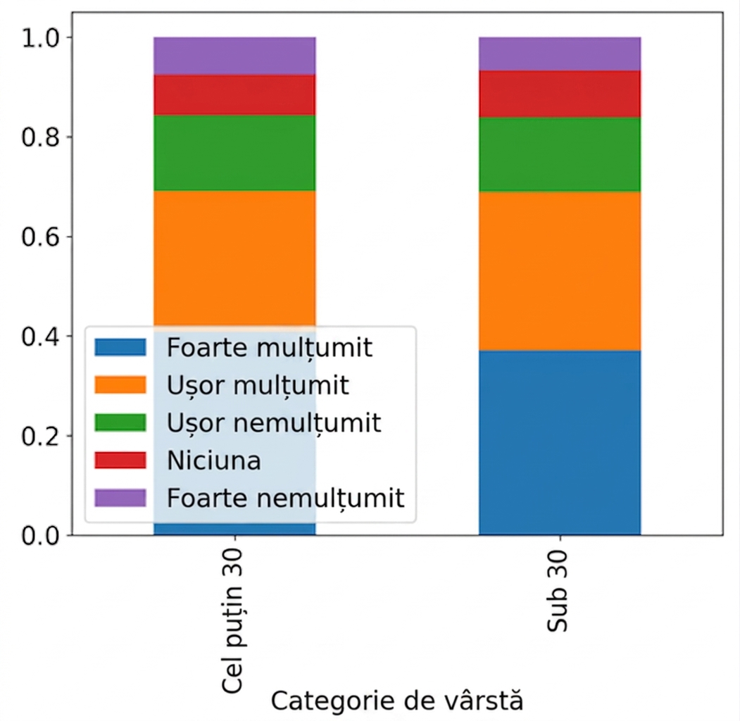 Diagramă cu bare stivuite proporționale a categoriei de vârstă, colorată după satisfacția profesională