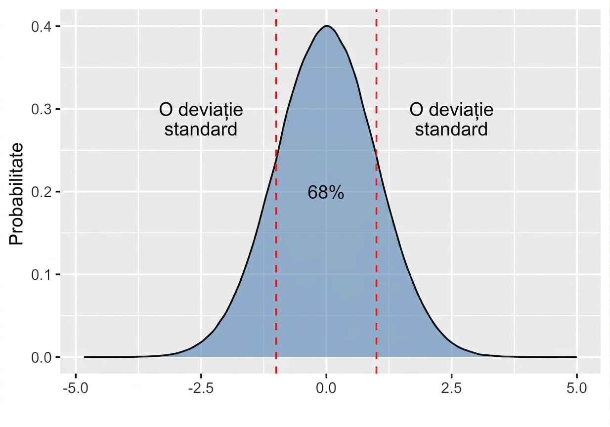 Distribuție normală cu aria dintre plus minus o abatere standard etichetată ca 68 la sută.png