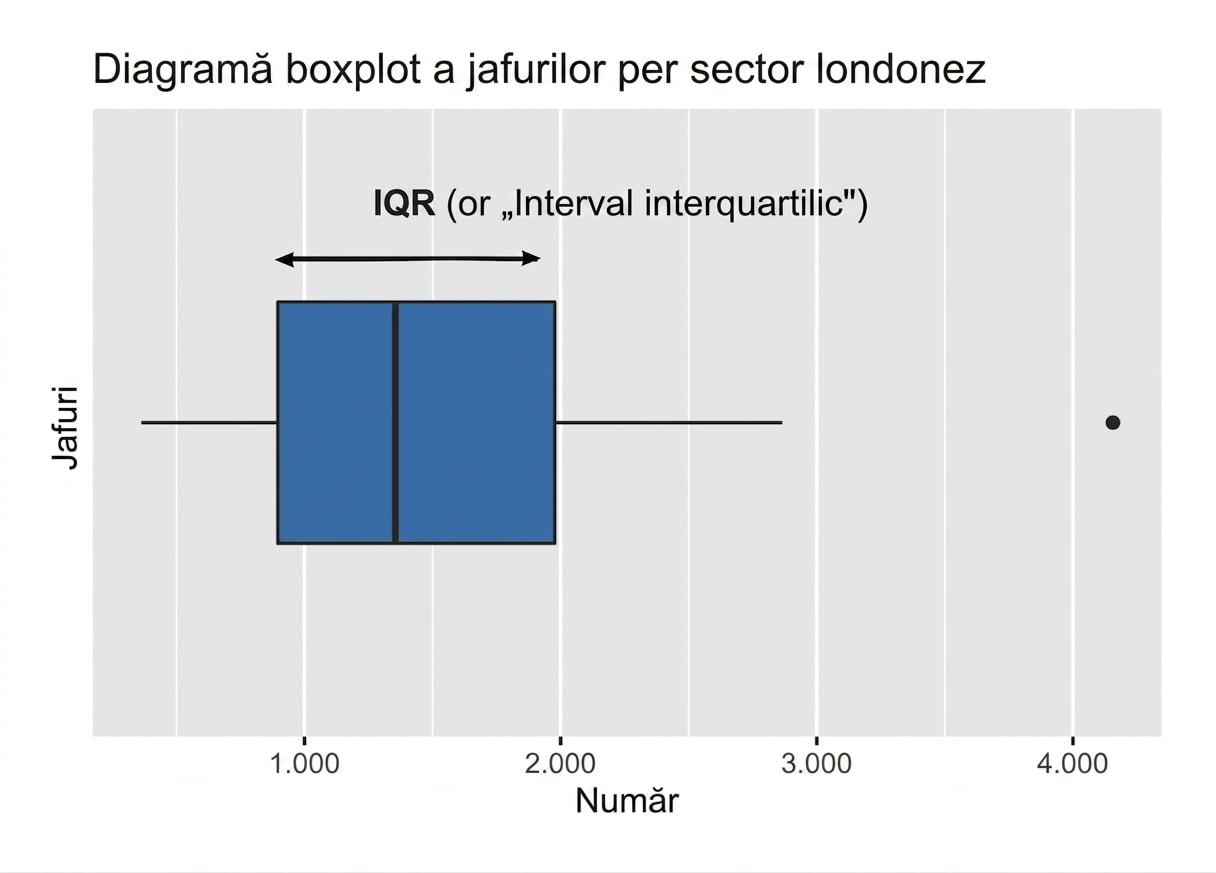 Boxplot al jafurilor din Londra cu intervalul intercuartilic evidențiat.png