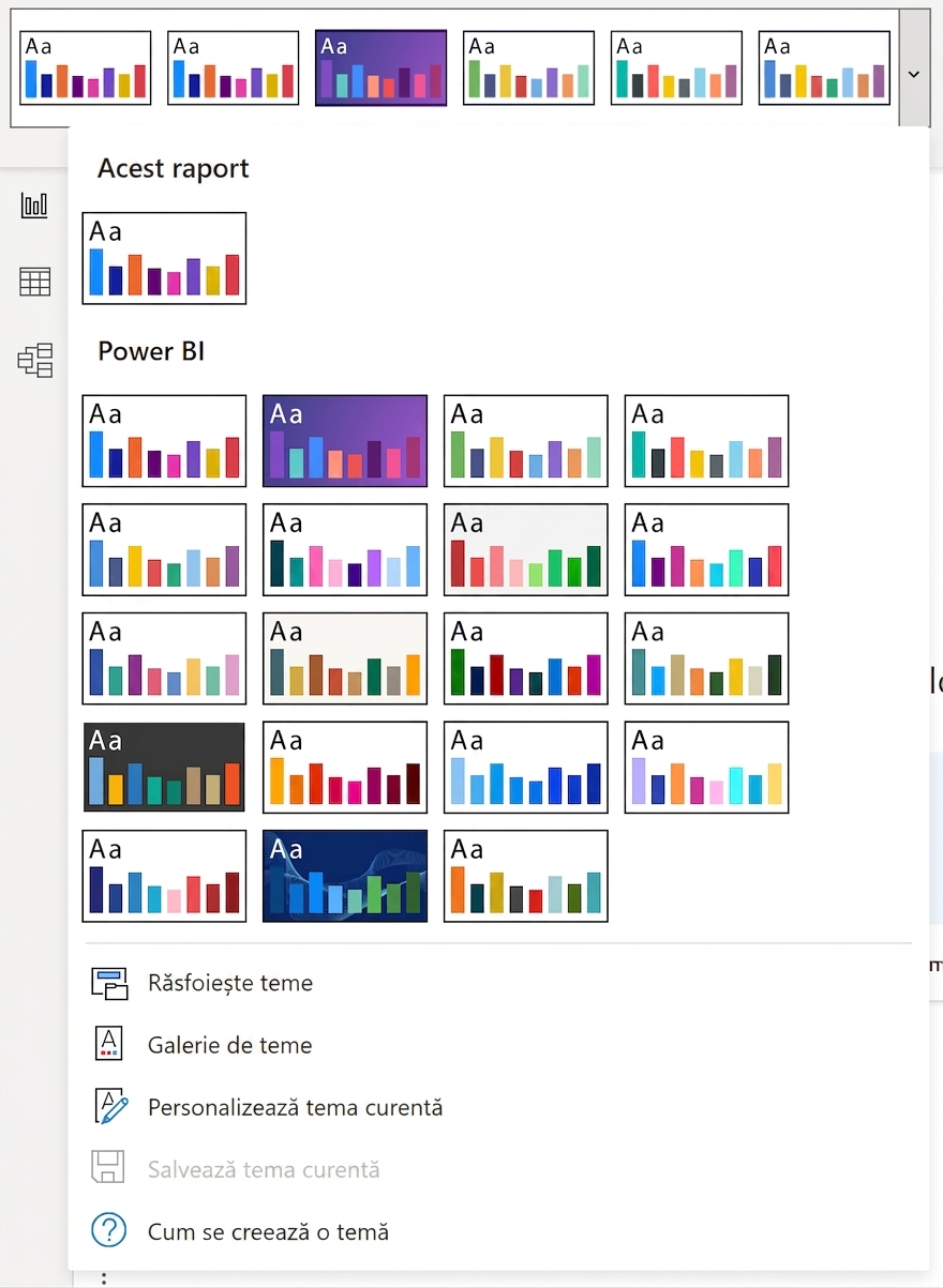 Power BI include teme predefinite, dar acestea pot fi personalizate.