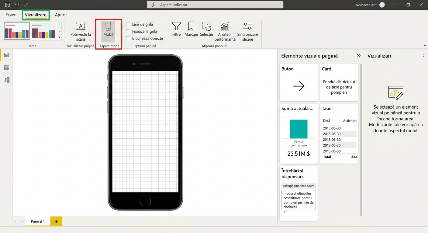 Aspectul mobil în Power BI Desktop