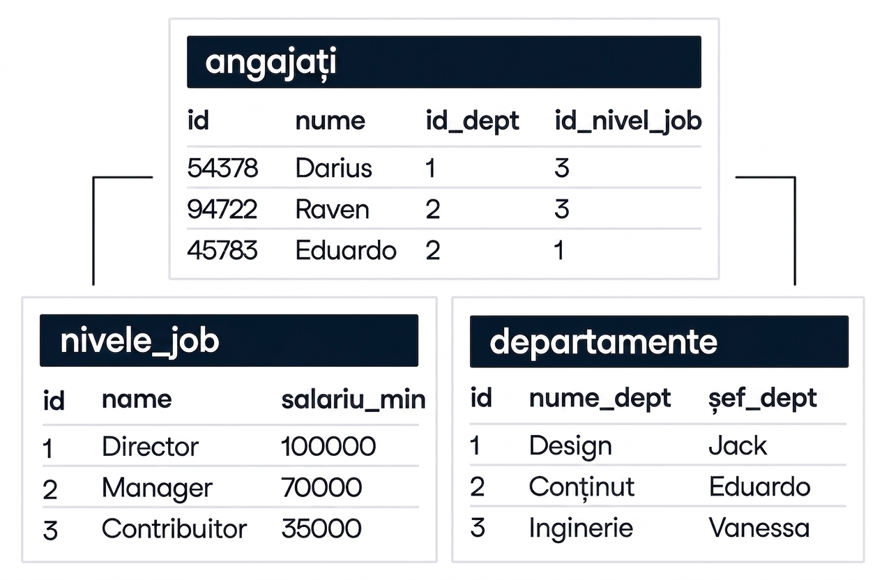 An image showing three tables within a database. One table is called employees and shows a relationship to two other tables, called job_levels and departments.