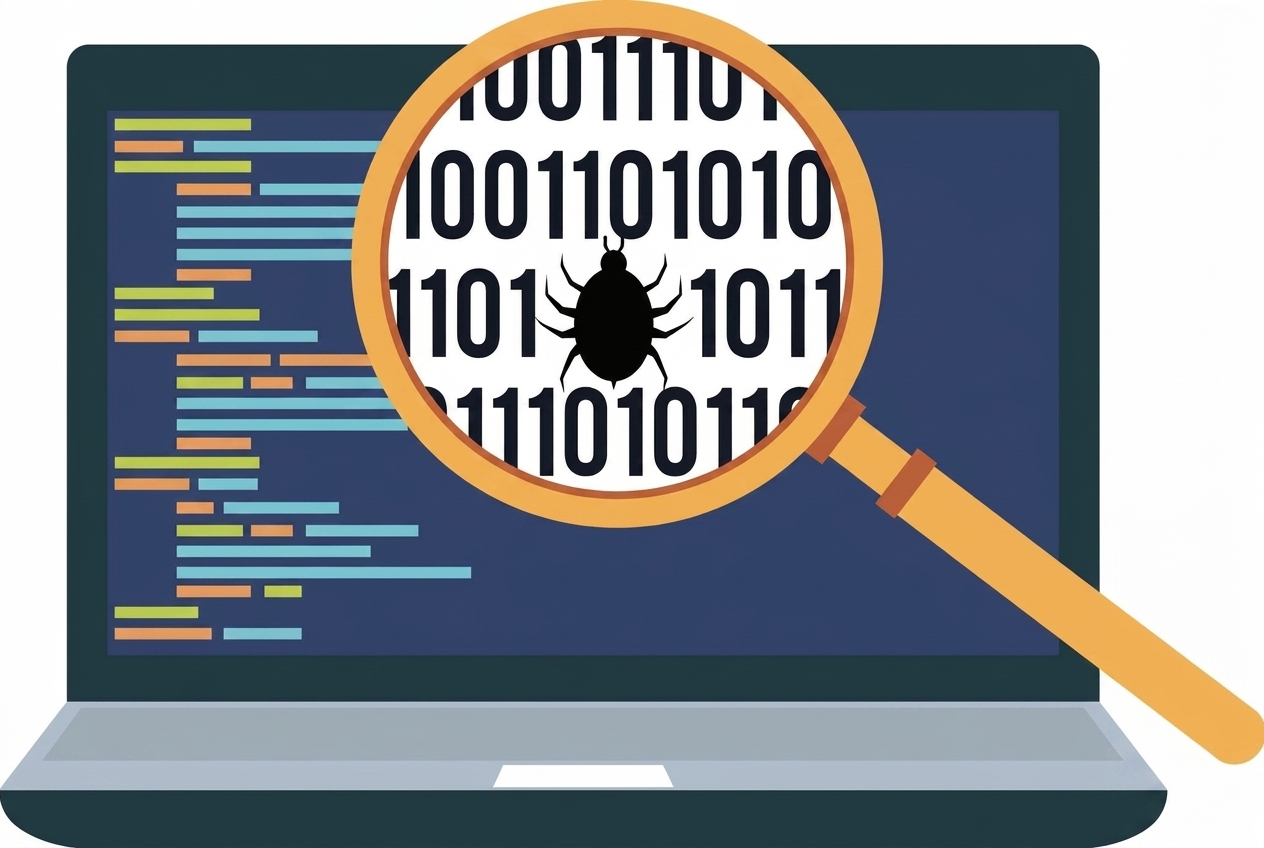 Imagine digitală cu un laptop și o lupă evidențiind un bug în cod