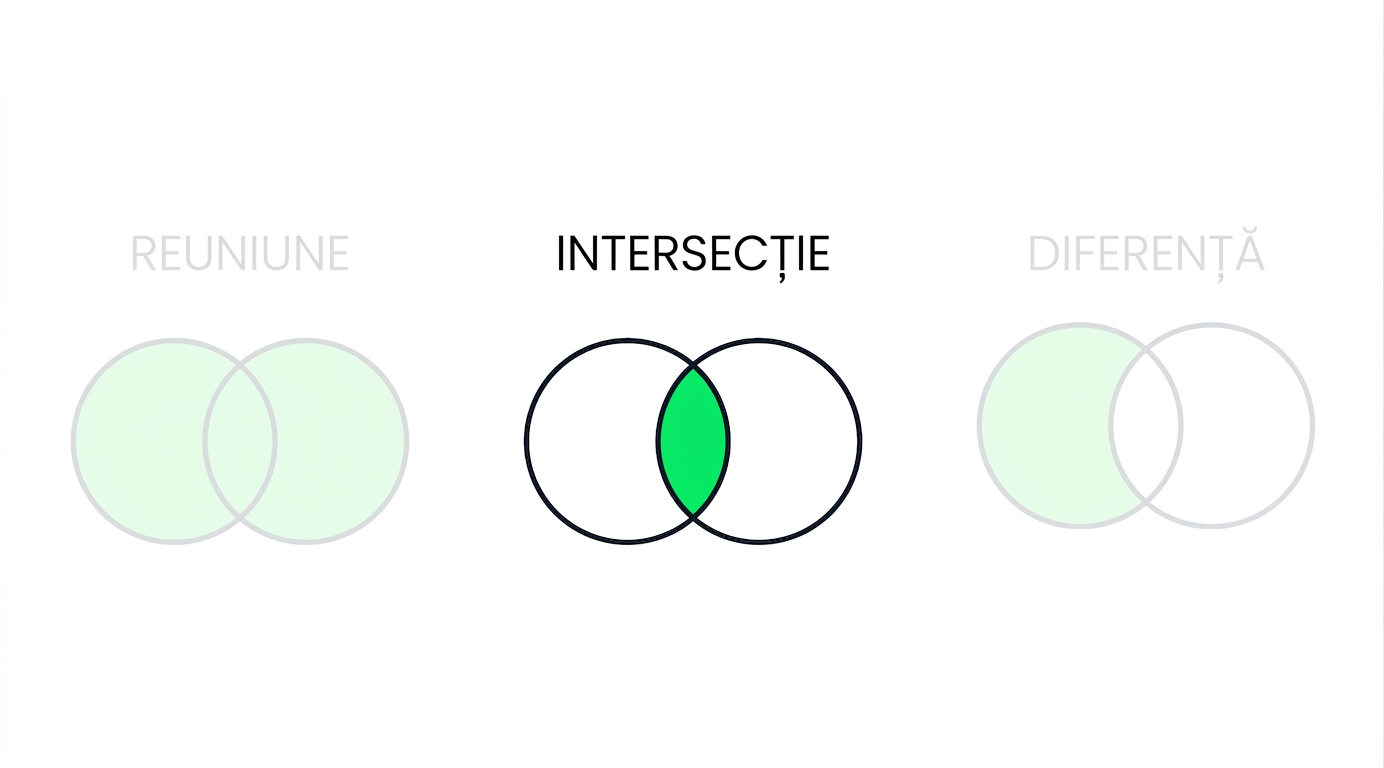 O imagine cu trei diagrame Venn, două estompate. Doar diagrama INTERSECT este în prim-plan. Are două cercuri suprapuse, cu partea comună colorată în verde.