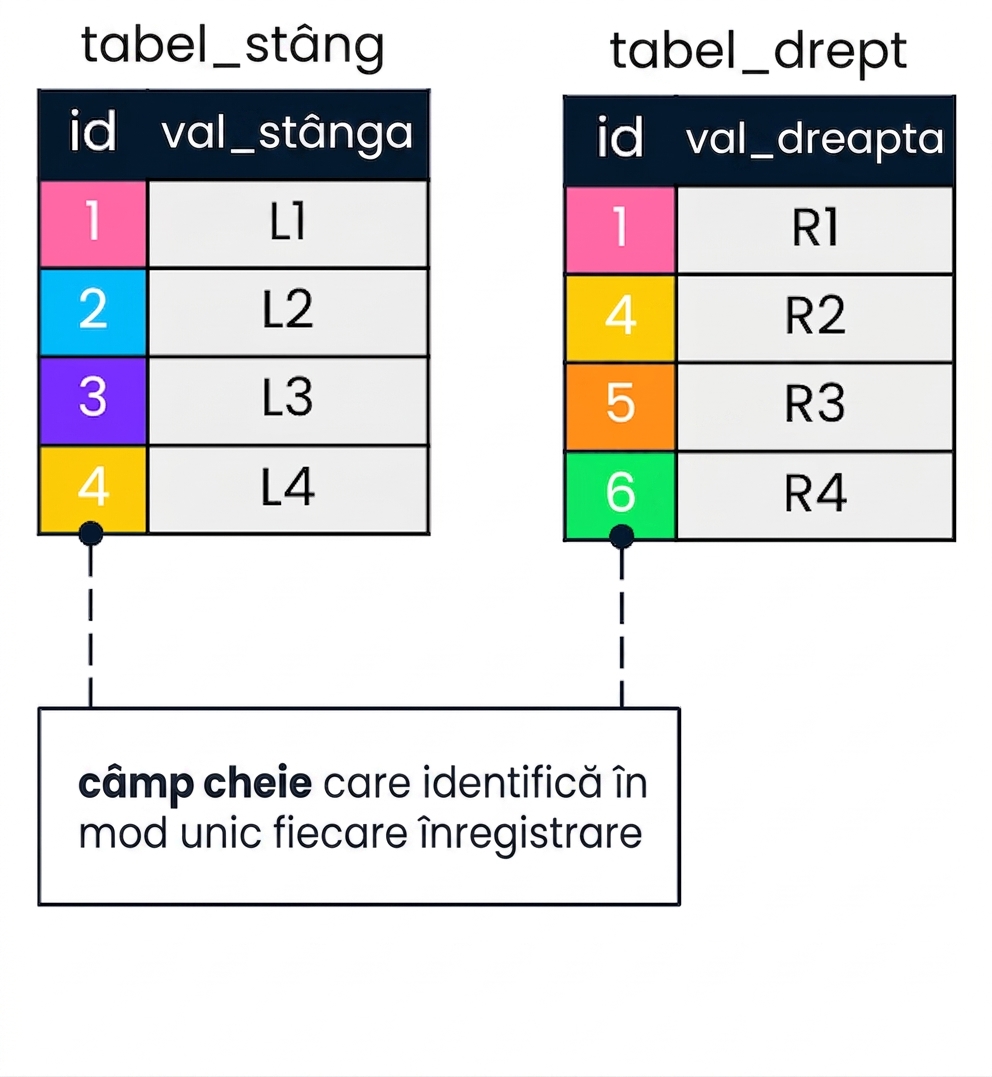 Diagramă cu două tabele: left table și right table. Valorile id corespondente sunt afișate cu aceleași culori.