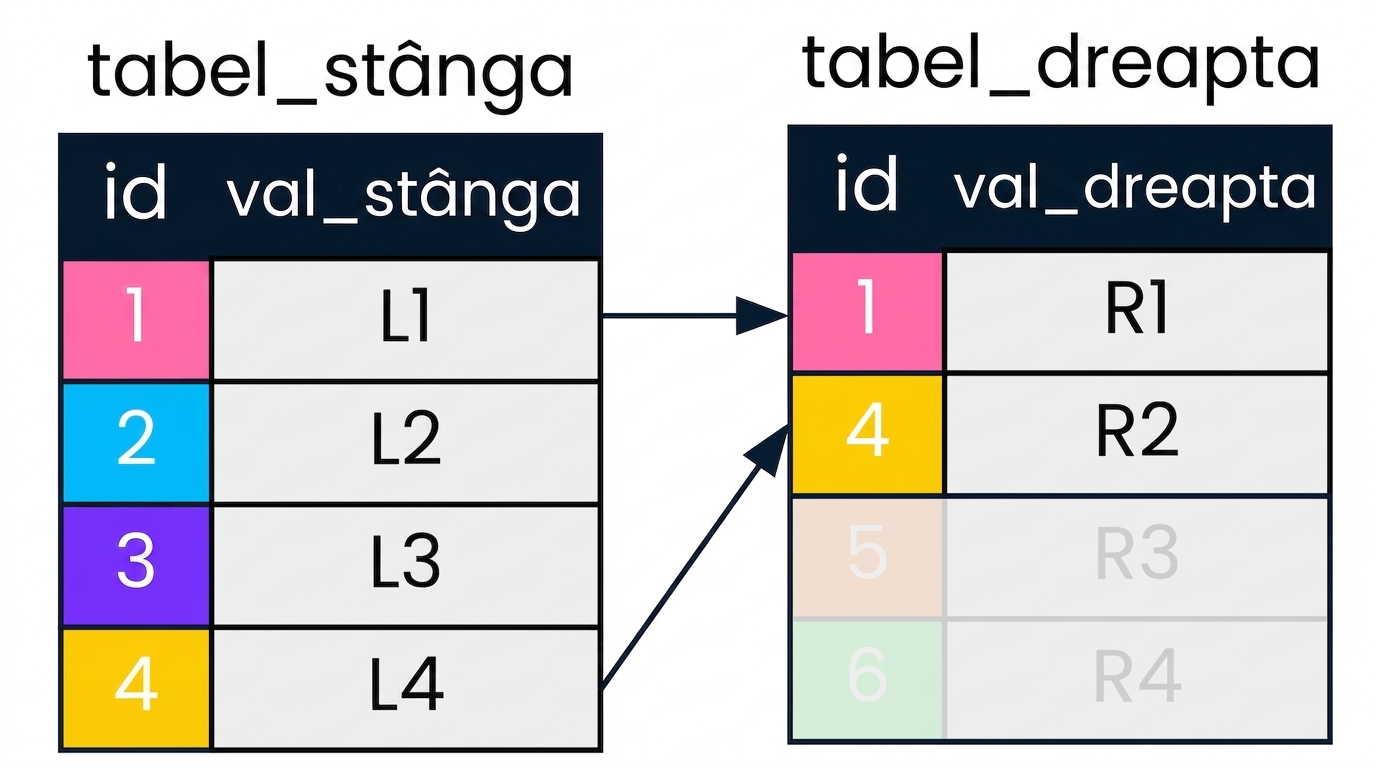 O diagramă cu două tabele, left table și right table, cu săgeți spre înregistrările care se potrivesc pe coloana id. Înregistrările irelevante pentru left join sunt gri.