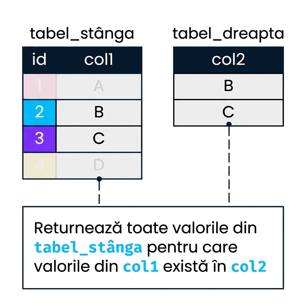 O diagramă cu două tabele, left_table și right_table, folosite pentru a demonstra un semi-join. col2 filtrează col1. Înregistrările din left_table unde col1 nu găsește o corespondență în col2 sunt estompate.