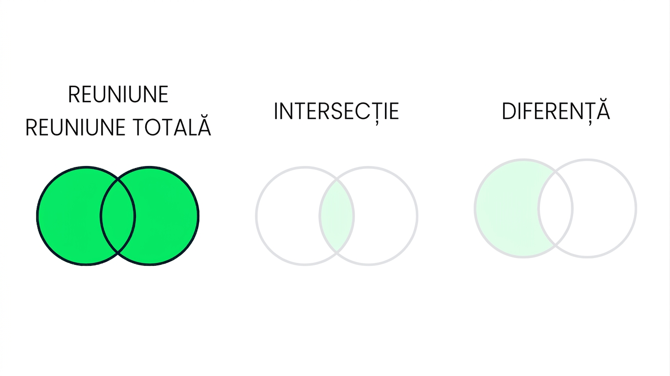 Imagine cu trei diagrame Venn, dintre care două sunt estompate. Doar diagrama UNION este în prim-plan: două cercuri suprapuse, complet colorate în verde.