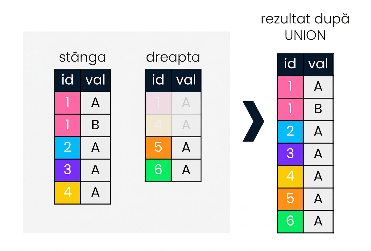 Diagramă cu două tabele, stânga și dreapta. În dreapta, este ilustrat rezultatul operației UNION.