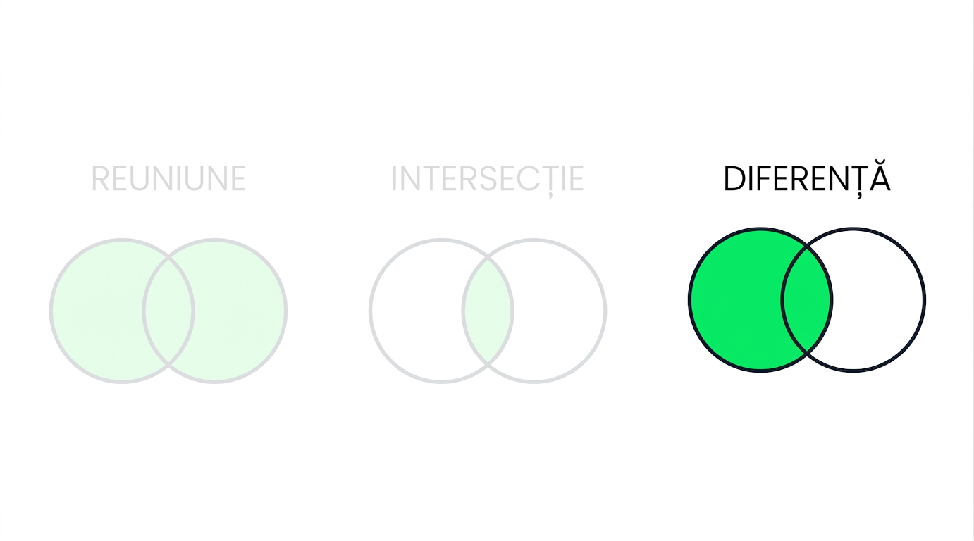 O imagine cu trei diagrame Venn, două estompate. Doar diagrama UNION este în prim-plan. Diagrama UNION are două cercuri suprapuse, complet acoperite în verde.