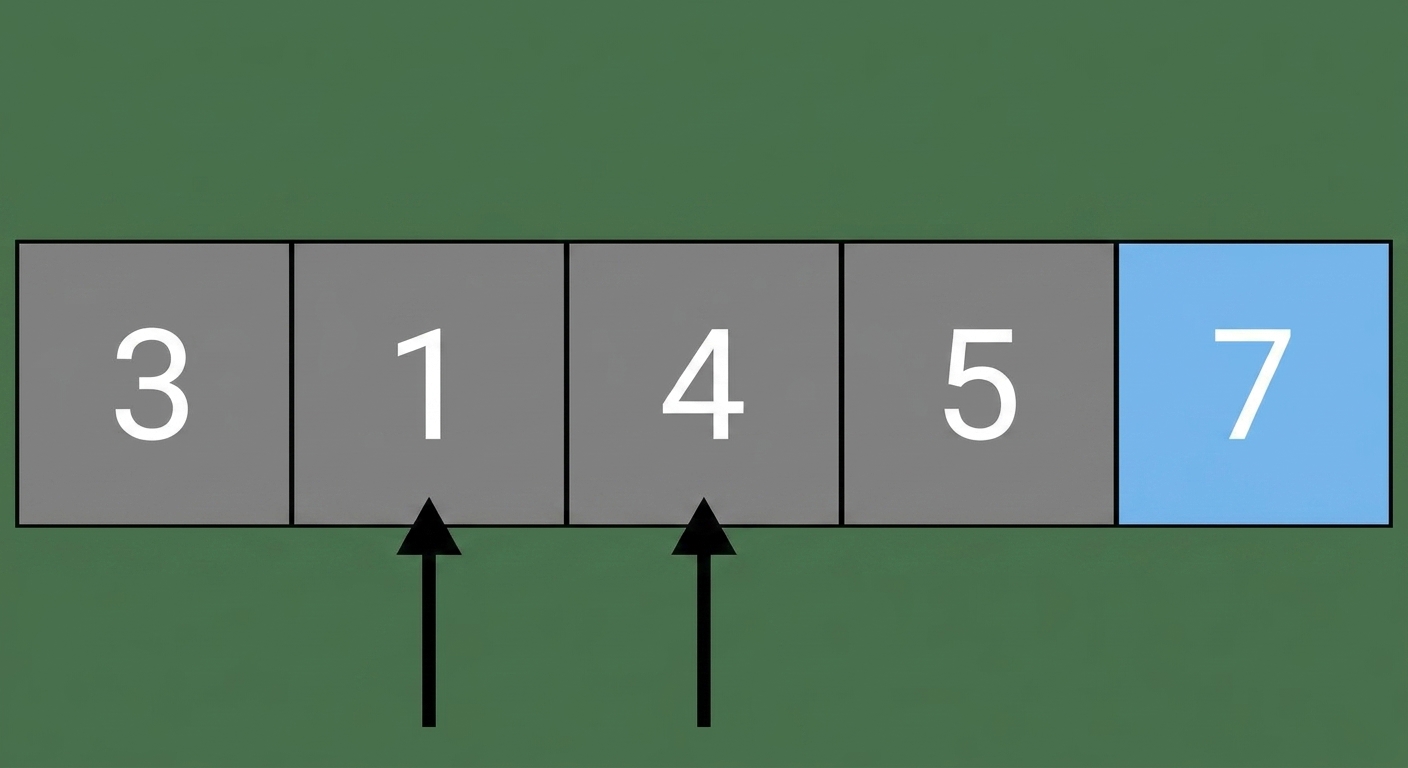 O reprezentare schematică a unei liste cu numere neordonate. Un pointer indică al doilea element, iar altul indică al treilea element. Al doilea și al treilea element au fost interschimbate. Ultimul element este colorat în albastru.