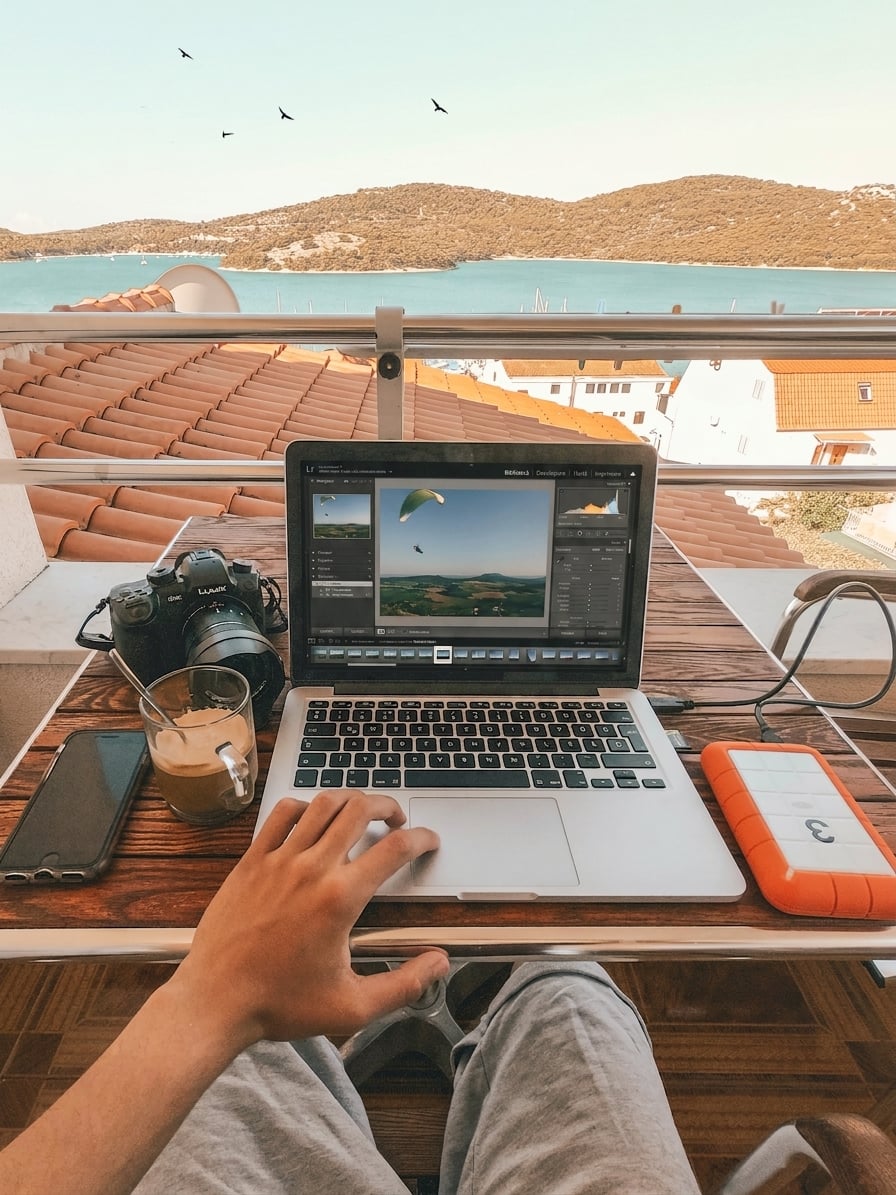 vedere de pe un laptop spre un acoperiș și un lac