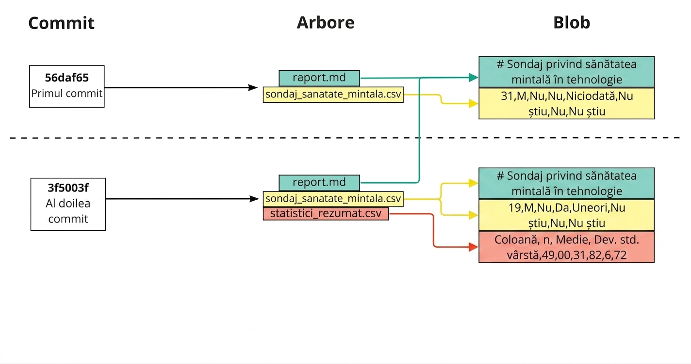 Diagramă cu primul și al doilea commit, al doilea legat de raport, ancheta de sănătate mintală și statistici sumare în tree, raportul legat de blob-ul commitului anterior, celelalte două fișiere legate de blob-ul celui de-al doilea commit