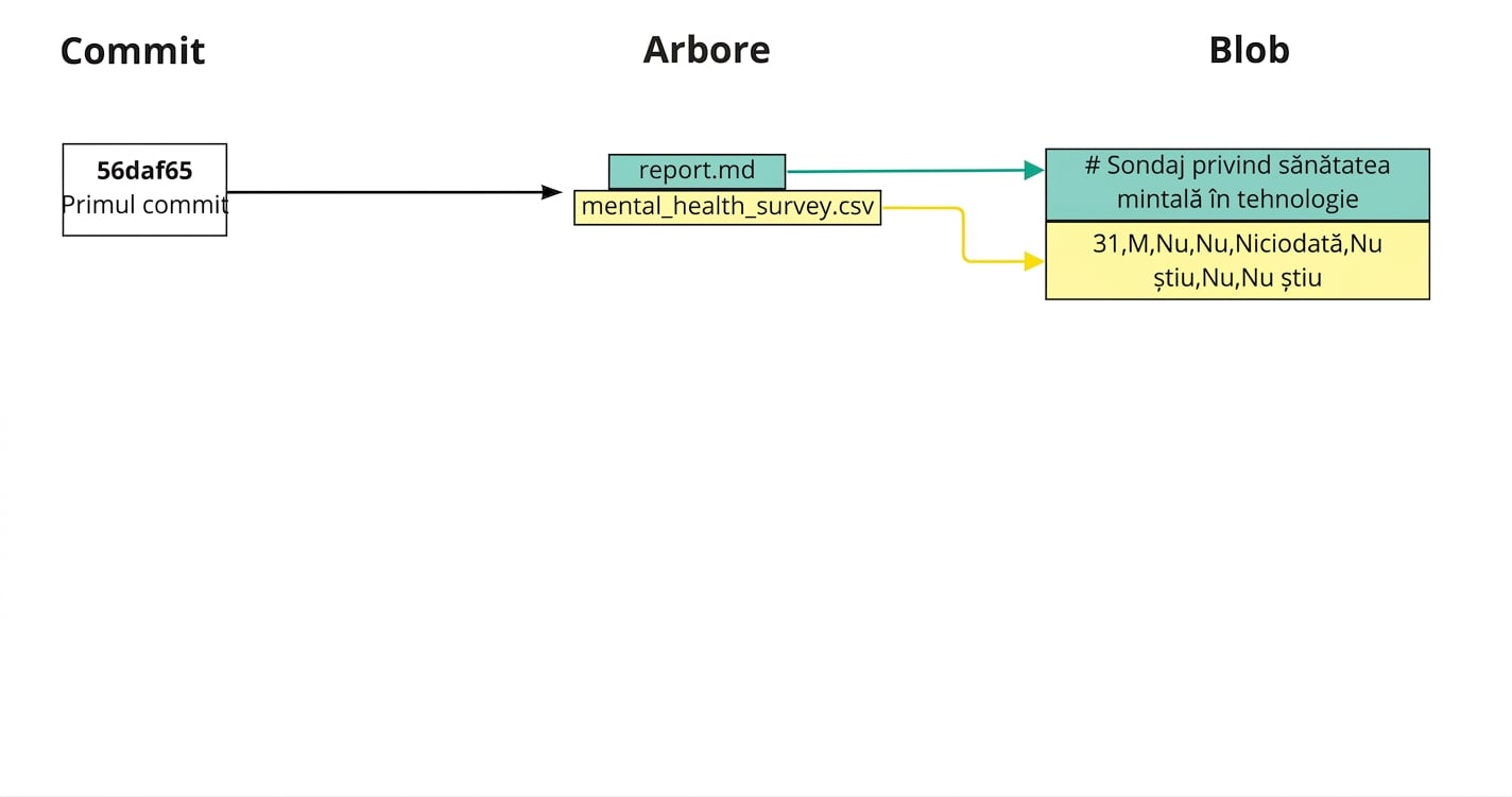 Diagramă cu primul commit, legat de raport și ancheta de sănătate mintală în tree, care leagă la instantanee ale conținutului fiecărui fișier în blob