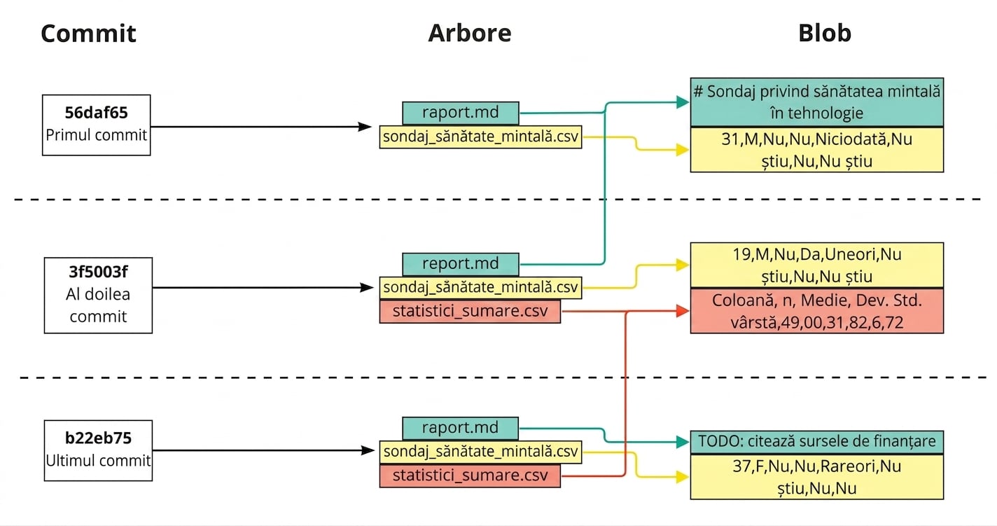 Diagramă cu trei commituri, cu fișierele commituite ca parte a tree-ului, fiecare fișier legat de blob-ul ultimului commit