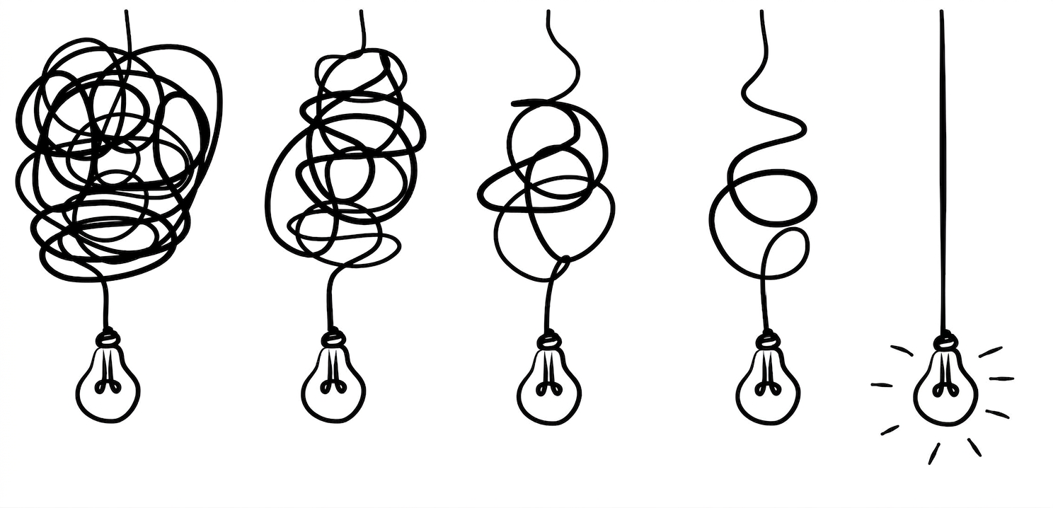 Simplifying the complex, confusion clarity or path vector idea concept with lightbulbs doodle illustration